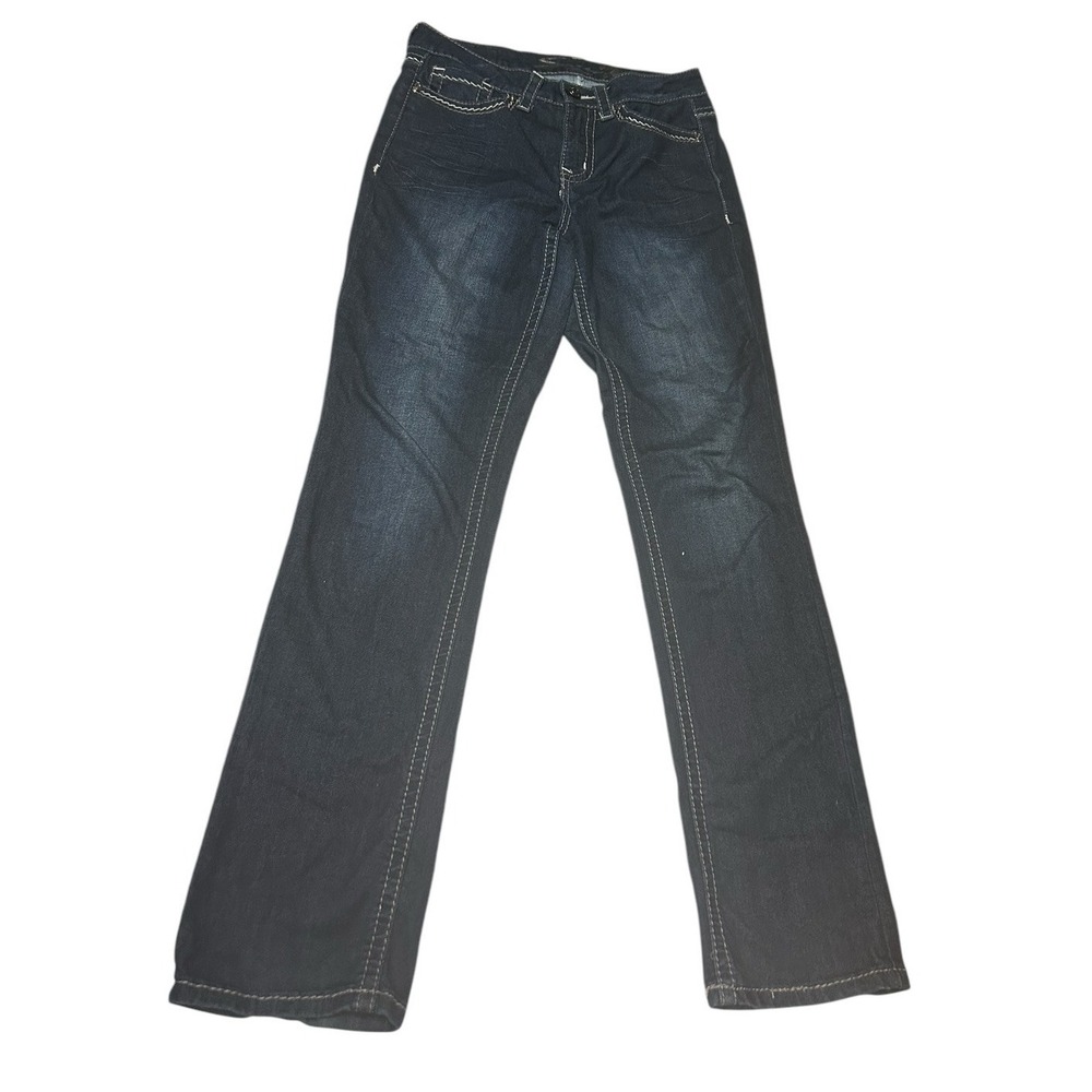 Seven 7 Brand Boot Cut Embroidered Pockets Dark Denim Blue Jeans 8 Stretch